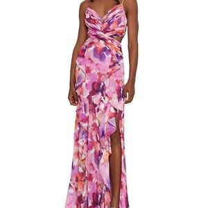 Xscape Pink and Purple Ruched One Shoulder Gown